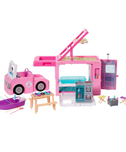 Barbie Caravana para acampar 3 en 1 de Barbie con piscina, camioneta, barca y 50 accesorios