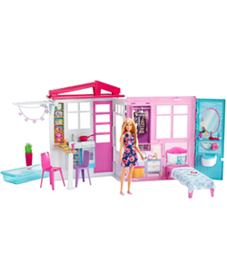 Barbie Casa amueblada pleglable con cocina, piscina, dormitorio y lavabo