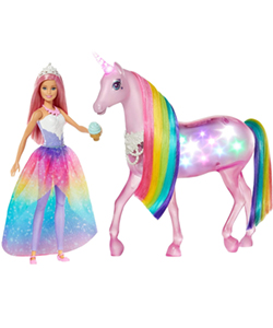 Barbie Dreamptopia Muñeca con Pelo Rosa y su Unicornio Luces Mágicas