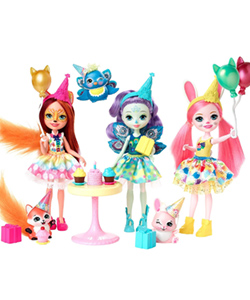 Enchantimals Cumpleaños Encantados, Pack de 3 muñecas con mascotas